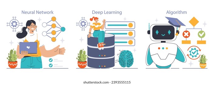 Machine Learning concepts visualized with Neural Network, Deep Learning, and Algorithm graphics. Enthusiastic programmers engage with futuristic technology. Flat vector illustration