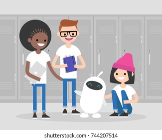 Machine learning, conceptual illustration. A cute white robot surrounded by students in a school corridor. Artificial intelligence. Students hanging out with a robot. Flat editable vector illustration