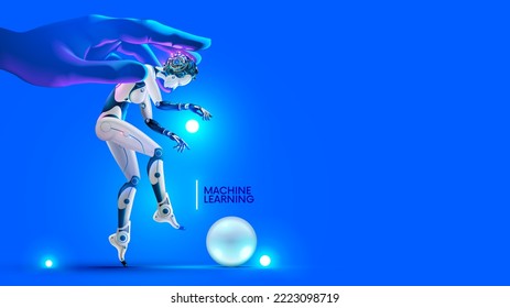 Machine learning conceptual illustration. Developer trains artificial intelligence. Digital technology art. Robot with AI in hand programmer. Neural network in image cyborg woman training on datum.