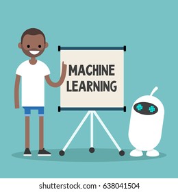 Machine learning conceptual illustration. Young black character teaching small white robot / flat editable vector illustration, clip art