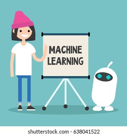 Machine learning conceptual illustration. Young female character teaching small white robot / flat editable vector illustration, clip art