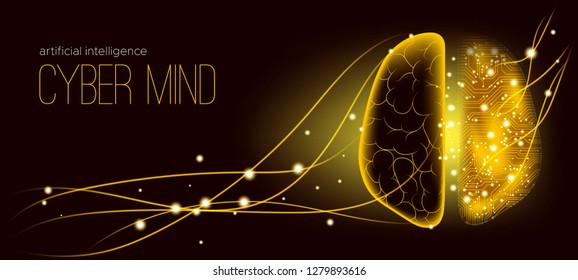 Machine Learning, Cyber Mind Concept. Technology of Virtual Reality, Big Data Analysis. Artificial intelligence and Futuristic Machine Learning, Neural Connections. Circuit Board, Information Stream.