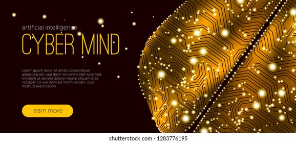 Machine Learning, Cyber Mind Concept. Technology of Virtual Reality, Big Data Analysis. Artificial intelligence and Futuristic Machine Learning, Neural Connections. Circuit Board, Information Stream.