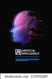 Machine learning and cyber mind domination.
Artificial Intelligence and Big Data, Internet of Things Concept. Intelligence allegory AI. Human face.
