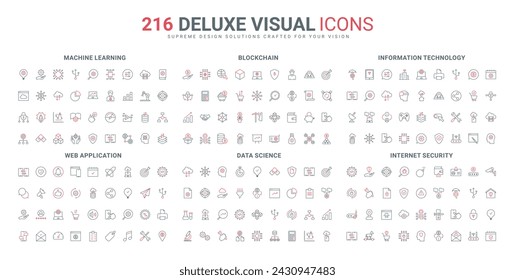 Machine learning, data science and blockchain line icons set. AI technology, key and lock of hacker, files and documents in folder, crypto market thin black and red symbols vector illustration