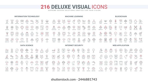 Machine learning and data science, security for information, blockchain and web algorithms line icons set. Internet technology, mining and search tools thin black and red symbols vector illustration