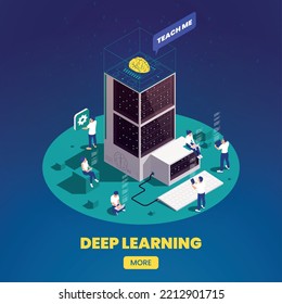 Machine learning deep learning isometric composition with round platform and people connecting gadgets to intelligent server vector illustration