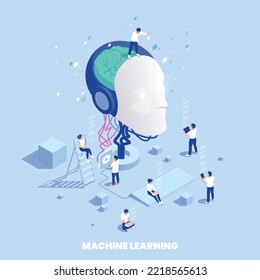 Machine learning deep learning isometric composition with head of mannequin artificial brain and people transferring data vector illustration