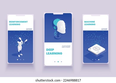 Machine learning deep learning isometric set of vertical compositions with page switch buttons text and images vector illustration