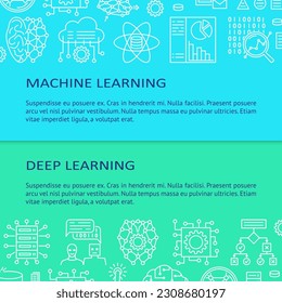 Machine learning and deep learning poster with place for text. AI and neural net symbols. Vector illustration.