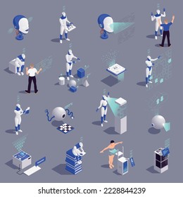 Machine learning deep learning set with isometric icons of gadgets computers and human characters teaching cyborgs vector illustration