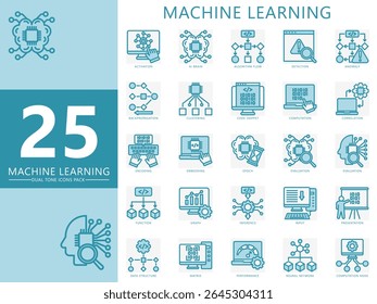 O conjunto de ícones de cores de tons duplos do aprendizado de máquina. contém inteligência artificial, algoritmo, codificação, dados, desempenho, rede neural, computação e muito mais. Vetor para interface do usuário, kit UX, web e app, educação, tecnologia da indústria.