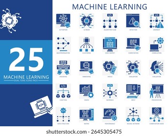 O conjunto de ícones de cores de tons duplos do aprendizado de máquina. contém cérebro, algoritmo, codificação, dados, desempenho, rede neural, computação e muito mais. Vetor para interface do usuário, kit UX, web e app, educação, tecnologia da indústria.