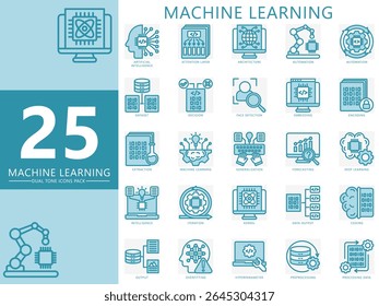 Machine learning dual tone icons set. contain automation, data, iteration, decision, output, processing, coding, AI, intelligence and more. Vector for UI, UX kit, web and app, education, industry tech