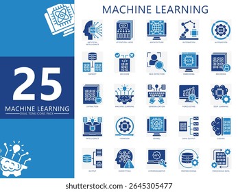 Machine learning dual tone icons set. contain automation, data, iteration, decision, output, processing, coding, intelligence and more. Vector for UI, UX kit, web and app, education, industry tech