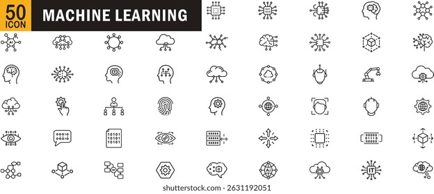 Conjunto de ícones de estrutura de tópicos editável do Machine Learning. IA, neural, dados, algoritmo, cérebro e muito mais.