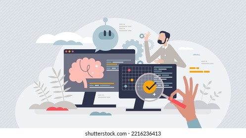 Ingeniero en el aprendizaje de máquinas como el concepto de persona diminuta del personal profesional de la tecnología de IA. Supervisión, investigación y control de inteligencia artificial para una mejor y más eficaz ilustración de los vectores de trabajo de procesos.
