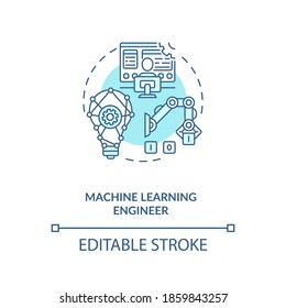 Machine Learning Engineer concept icon. Future way of getting work. Popular tech vacancies. Careers in AI idea thin line illustration. Vector isolated outline RGB color drawing. Editable stroke