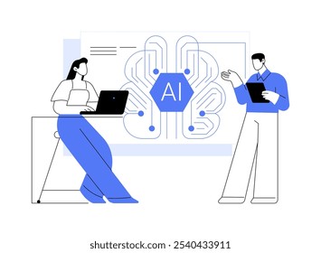 Ingeniero de aprendizaje automático Ilustraciones vectoriales de dibujos animados aislados. Grupo de diversos ingenieros de aprendizaje automático discutiendo nuevo proyecto, transferencia de grandes datos, dibujos animados de Vector de trabajo de arquitecto de IA.