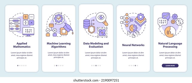 Machine learning engineer skills onboarding mobile app screen. Walkthrough 5 steps editable graphic instructions with linear concepts. UI, UX, GUI template. Myriad Pro-Bold, Regular fonts used