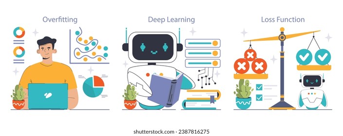 Machine Learning Explained set. Unraveling overfitting, deep dive into neural networks, and the balance of loss function. Charts, programmer, and cute robots guide the way. Flat vector illustration