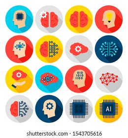 Machine Learning Flat Icons. Vector Illustration. Set of Circle Computer Items with Long Shadow.