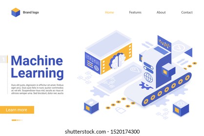 Machine learning flat landing page vector template. Artificial intelligence futuristic technologies website design layout. AI algorithm webpage 3d concept. Database server web page interface
