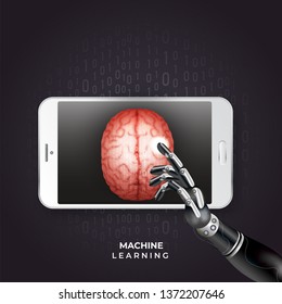 Machine learning flyer or poster design, robotic hand touching on smartphone screen with black binary digits background.