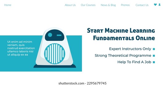 Fundamentos del aprendizaje automático en línea, educación inteligente y cursos. Obtener conocimiento y aprender nueva disciplina. Plantilla de página de inicio del sitio web de lecciones, sitio de Internet. Vector de estilo plano