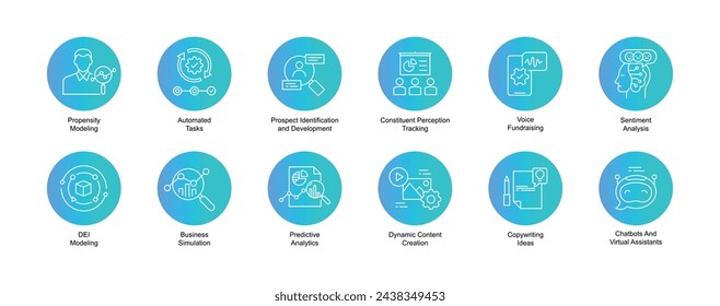 Conjunto de iconos de recaudación de fondos de Machine Learning. Símbolos de aplicaciones orientadas a datos de recaudación de fondos. Símbolos de casos de uso de donación inteligente. Uso de casos de IA en la recaudación de fondos.