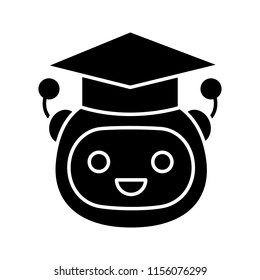 Machine learning glyph icon. Artificial intelligence. Teacher bot. Graduated robot. Chatbot. Bot in graduation hat. Silhouette symbol. Negative space. Vector isolated illustration