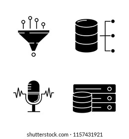 Machine learning glyph icons set. Data filtering, relational database, server, voice recognition. Silhouette symbols. Vector isolated illustration