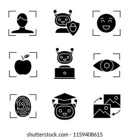 Machine learning glyph icons set. Artificial intelligence. Chatbot, face, retina, fingerprint identification. Silhouette symbols. Vector isolated illustration