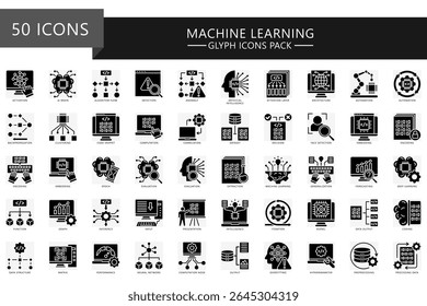 Conjunto de ícones de glifos de aprendizado de máquina. contém IA brain, algoritmo, codificação, incorporação, dados, desempenho, rede neural, computação, matriz e muito mais. Vetor para IU, UX, Web e app, educação, indústria