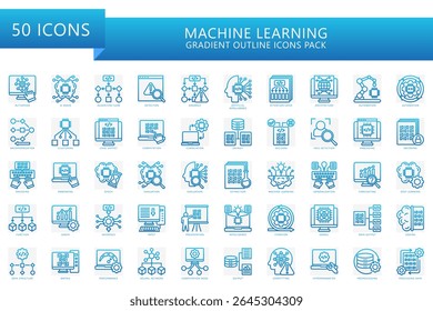 O conjunto de ícones de contorno de gradiente de aprendizado de máquina contém algoritmo, inteligência de IA, computação, rede neural, automação, aprendizagem profunda, dados e muito mais. Vetor para interface do usuário, kit UX, web e app, educação, indústria
