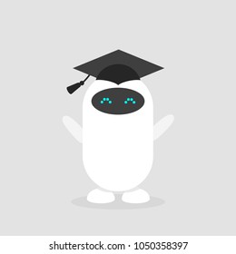 Machine learning. Graduated cute robot wearing a cap/ flat editable vector illustration, clip art