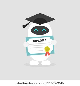 Machine learning. Graduated cute robot wearing a cap and holding a diploma certificate/ flat editable vector illustration, clip art