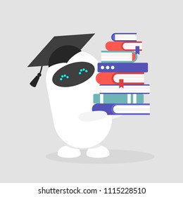 Machine learning. Graduated cute robot wearing a cap and holding a pile of books/ flat editable vector illustration, clip art