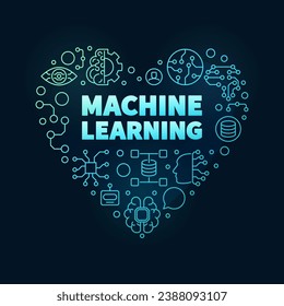 Banner de color en forma de corazón de Machine Learning en forma de contorno - Banner de línea delgada concepto de tecnología ML con fondo oscuro