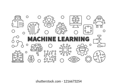 Machine Learning horizontal vector illustration or banner in thin line style