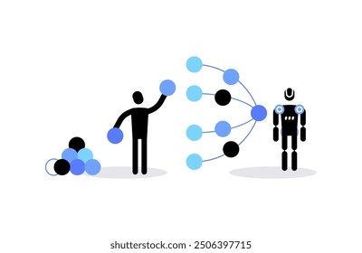 Machine learning. Human teaching a robot. Flat illustration. Vector file.
