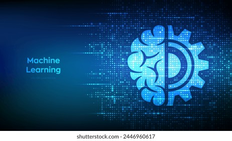 Machine learning icon made with binary code. AI Artificial Intelligence. Deep learning. Data mining, Big Data, algorithm, neural network . Digital code background with digits 1.0. Vector Illustration.