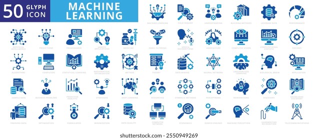 Conjunto de iconos de aprendizaje automático con agricultura, medicina, inteligencia artificial, aplicación, economía, telecomunicaciones, optimización, computadoras, red informática, descubrimiento y red neuronal