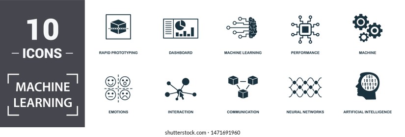 Machine Learning icon set. Contain filled flat machine learning, machine, dashboard, artificial intelligence, emotions, performance, neural networks, rapid prototyping icons. Editable format.