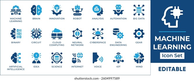 Machine learning icon set featuring AI, neural networks, deep learning, data analytics, pattern recognition, predictive modeling, automation, and smart algorithms.