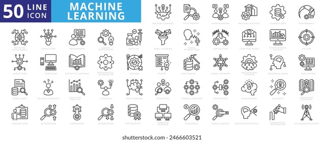 Machine Learning icon set with field inquiry, understanding, building methods, leverage data and performance.