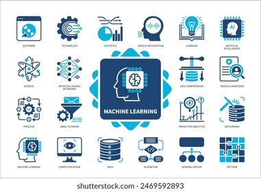 Machine Learning icon set. Pattern, Generalization, Email Filtering, Science, Software, Technology, Algorithm, Data. Duotone color solid icons