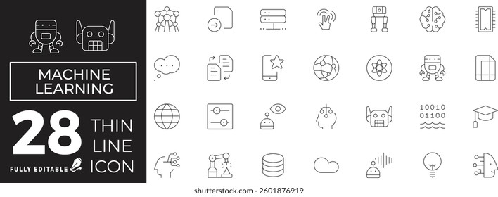 Machine Learning Icons. Containing Machine learning, digital AI technology, algorithm, smart robotic, cloud and more