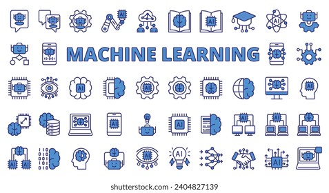 Machine learning icons line design blue. Machine, learning, ai, ml, artificial, deep learning, chip, brain, neuron, analysis, intelligence vector illustrations. Machine learning editable stroke icons.