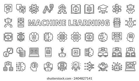 Machine learning icons line design blue. Machine, learning, ai, ml, artificial, deep learning, chip, brain, neuron, analysis, intelligence vector illustrations. Machine learning editable stroke icons.